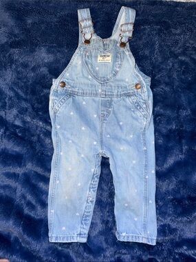 12m OshKosh B'gosh Light Blue Denim Girls Overalls with Tiny White Hearts